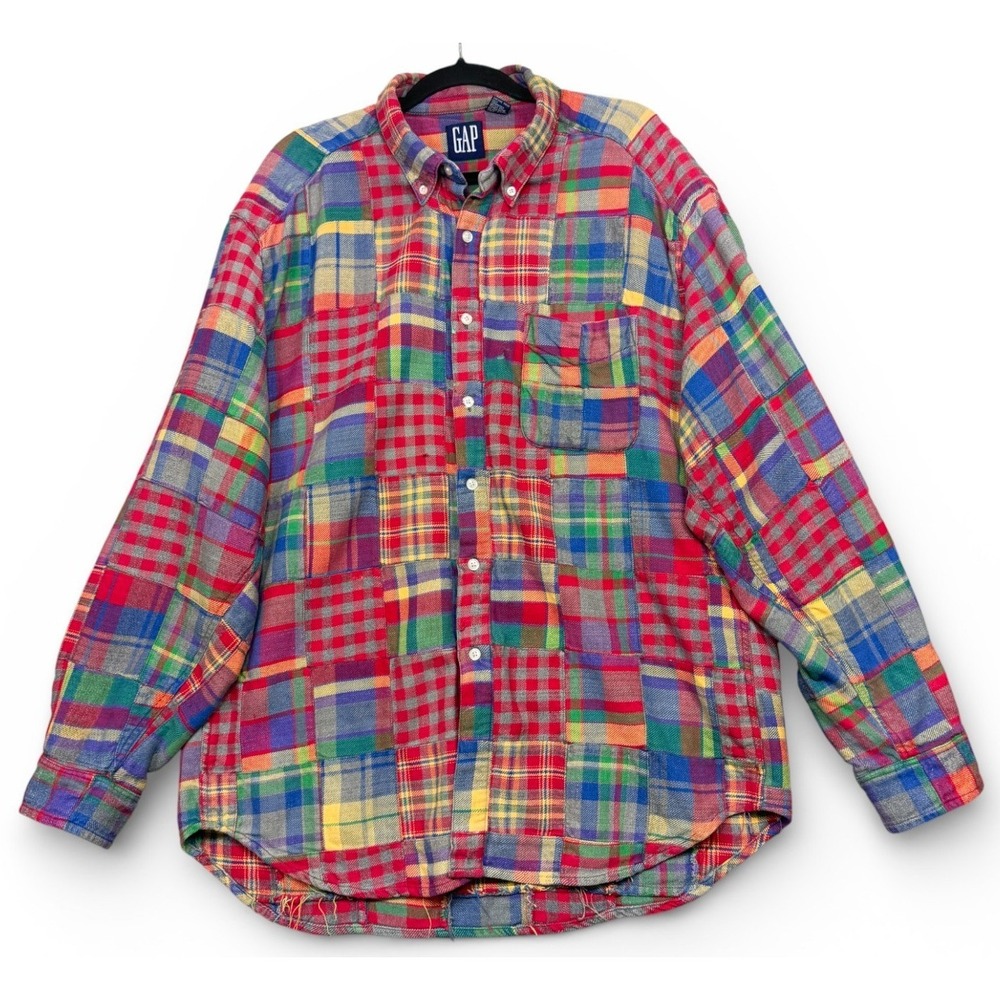 Vintage GAP Madras Plaid Patchwork Flannel Button Down Shirt Mens XL Cotton 90s